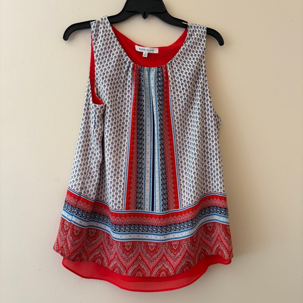 Rose & Olive Paisley Tank Top Medium Red Blue White Boho Swing Blouse